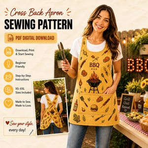 May include: Mustard yellow cross-back apron with BBQ-themed illustrations, including a grill, burger, and utensils. The apron features a front pocket and the word "BBQ". The image also displays text: "Cross Back Apron Sewing Pattern" and "PDF Digital Download".