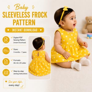 Peut inclure: Un patron de couture numérique PDF pour une robe sans manches pour bébé avec un imprimé cœurs jaunes et blancs. Le patron inclut des tailles de 3 mois à 7 ans, des formats A0, A4 et US Letter, ainsi que des instructions étape par étape.