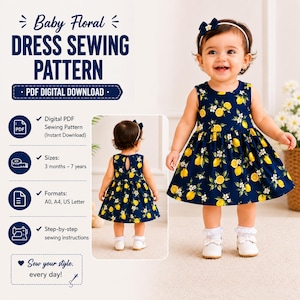 May include: Navy blue baby dress sewing pattern with a lemon and floral print. The pattern includes sizes for 3 months to 7 years. Digital PDF download with step-by-step instructions.