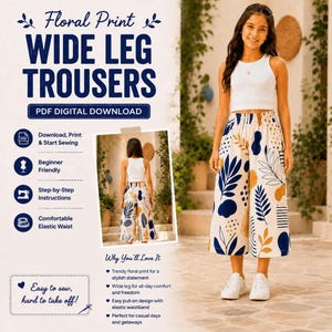 Kids Wide Leg Pants Sewing Pattern PDF, Floral Palazzo Pants Pattern, Girls Culotte Pattern, Easy Elastic Waist Trousers, Sizes 2-13Y