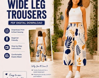 Kids Wide Leg Pants Sewing Pattern PDF, Floral Palazzo Pants Pattern, Girls Culotte Pattern, Easy Elastic Waist Trousers, Sizes 2-13Y