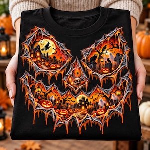 Peut inclure: Un t-shirt noir orné d'un grand motif en forme de citrouille aux bords déchiquetés. L'illustration contient des scènes d'Halloween détaillées avec une sorcière sur un balai, des fantômes, un chat noir, un crâne et des citrouilles lumineuses.