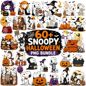 May include: A digital collection of over 60 Snoopy Halloween illustrations featuring the character in various costumes like a skeleton, mummy, and witch, interacting with pumpkins, cauldrons, and ghosts, with the text 60+ SNOOPY HALLOWEEN PNG BUNDLE.
