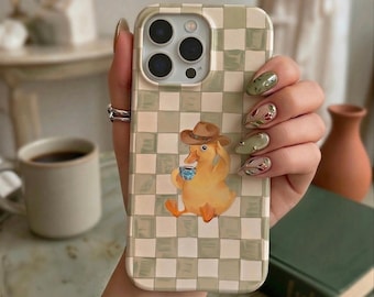 Retro Sage Green Checkerboard Phone Case, Cowboy Duck Western iPhone 15 14 Pro Max