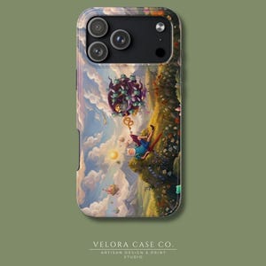 Puede incluir: Funda de teléfono con una ilustración fantástica de una persona cayendo por un acantilado, con una criatura llena de dinero encima. La funda tiene un diseño colorido de cielo y paisaje. La funda es de Velora Case Co.