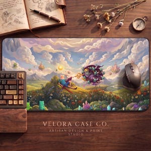 May include: A rectangular desk mat featuring a vibrant, detailed illustration of a cartoon character with a yellow hat and blue shirt reclining on a grassy hill, interacting with a swirling purple magical entity under a cloudy sky.