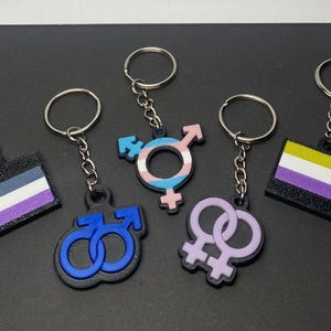 Könnte beinhalten: Fünf Schlüsselanhänger mit verschiedenen Symbolen und Flaggen. Einer ist eine rechteckige asexuelle Flagge, einer hat zwei ineinandergreifende blaue männliche Symbole, einer ist ein Transgender-Symbol, einer hat zwei ineinandergreifende hellviolette weibliche Symbole und einer ist eine nicht-binäre Flagge.