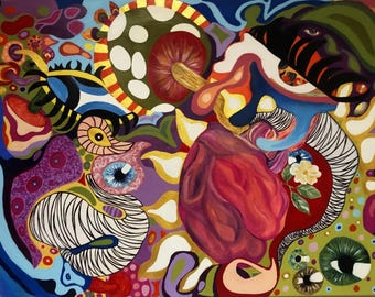 Anatomie eines Traums | Original Surreales Abstraktes Gemälde | Psychedelische Wandkunst | Bunte zeitgenössische Leinwand