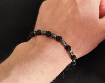 Faceted Lava Hematite Bracelet in Black – Modern Beaded Bracelet for Women and Men, Stainless Steel Accents