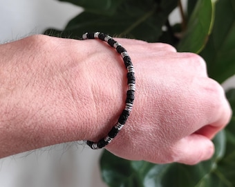 Lava Hematite Bracelet, Striped Design, 4 mm Heishi Beaded Bracelet, Black and Silver Contrast, Stainless Steel Accents, Modern Gemstone Boho Bracelet