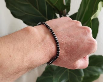 Lava Hematite Bracelet 4 mm Heishi, Natural Stone Beaded Bracelet for Men and Women, Black and Silver Alternating, Stainless Steel Accents, Boho Gift for Him and Her