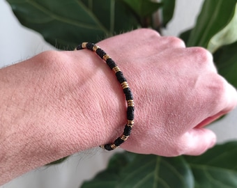 Lava Hematite Bracelet Gold, 4 mm Heishi Bead Bracelet, Black Gold Contrast, Stainless Steel Gold, Modern Design, Gemstone Bracelet, Gift