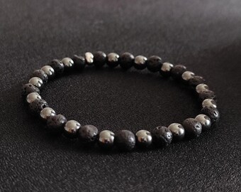 Lava Hematite Bracelet 6 mm, Natural Stone Beaded Bracelet for Men and Women, Black Anthracite, Stainless Steel Accents, Protective Stone Gift, Boho Jewelry