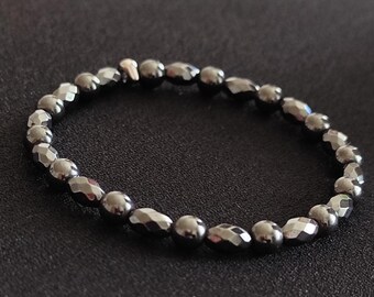 Modern unisex hematite bracelet with stainless steel nuggets, anthracite metallic beaded jewelry