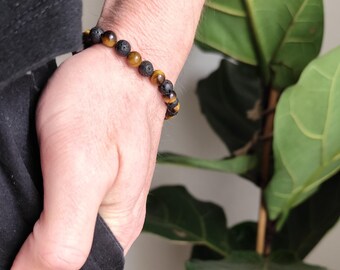 Tiger's Eye Lava Bracelet 6.5 mm, Natural Stone Beaded Bracelet for Men and Women, Personalized Initials, Stainless Steel Gold, Diffuser Jewelry, Gift