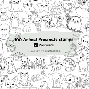 Puede incluir: Una colección de 100 ilustraciones de animales en blanco y negro diseñadas como sellos digitales para Procreate. El conjunto incluye varias criaturas como un león, elefante, jirafa, panda y vida marina, con el texto 100 Animal Procreate stamps.
