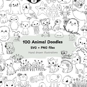 Peut inclure: Une collection de 100 gribouillages d'animaux dessinés à la main en noir et blanc, incluant diverses créatures comme un lion, un éléphant, une girafe et un panda, avec le texte 100 Animal Doodles SVG + PNG files Hand drawn illustrations au centre.