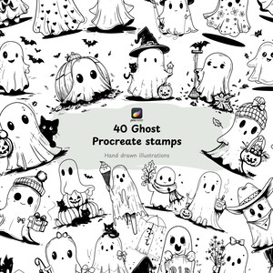 May include: A collection of 40 black and white hand-drawn ghost illustrations featuring various characters with pumpkins, cats, hats, and accessories. The central text reads 40 Ghost Procreate stamps Hand drawn illustrations.
