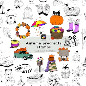 May include: A collection of digital stamps featuring hand-drawn illustrations of autumn themes including pumpkins, woodland animals, cosy clothing, foliage, and seasonal objects with the text Autumn procreate stamps Hand drawn illustrations.
