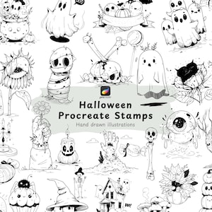 May include: A collection of black and white digital illustrations featuring Halloween themes including ghosts, skulls, pumpkins, a haunted house, a witch hat, and candy. The text reads Halloween Procreate Stamps and Hand drawn illustrations.