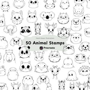 Pode incluir: Uma coleção de 50 ilustrações de cabeças de animais em preto e branco dispostas em uma grade. O texto central diz Hand drawn illustrations 50 Animal Stamps Procreate. O conjunto inclui várias criaturas como um panda, um tigre, uma coruja e uma girafa.