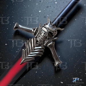 Puede incluir: Espada decorativa con una hoja negra y una empuñadura plateada con forma de calavera. La empuñadura presenta un diseño de calavera con detalles óseos. Una franja roja recorre el centro de la hoja. La espada se encuentra sobre un fondo oscuro y moteado.