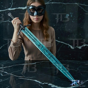 May include: A long, ornate sword with a teal blade and intricate patterns. The hilt and crossguard are dark metal. The sword is held against a dark, textured background. The blade has a unique, swirling design.