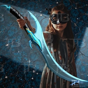 May include: A fantasy sword with a curved, light blue blade and a black handle. The sword features decorative teal and gold accents. The image is set against a blue background with the text "Takumi Blades".