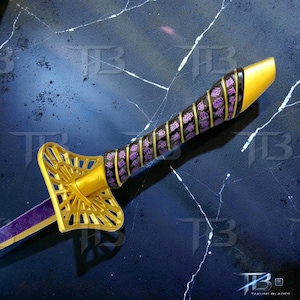 May include: A decorative sword with a gold hilt and blade, featuring a purple and black handle with intricate designs. The sword's blade is purple, and the hilt has a geometric pattern. The overall design is ornate and detailed.