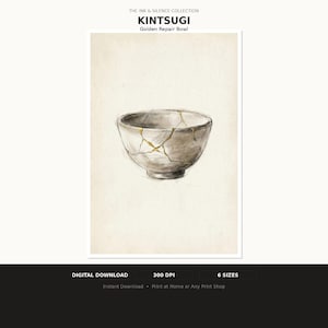 Kintsugi Bowl Art Print | Japanese Golden Repair Wall Art | Wabi Sabi Pottery Print | Gold Accent Minimalist Art | Digital Download