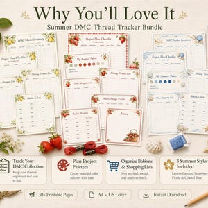 May include: A collection of printable DMC thread tracker pages with lemon, strawberry, and coastal blue themes. Includes project checklists, color palettes, and bobbin labels. The text reads "Why You'll Love It" and "Summer DMC Thread Tracker Bundle."