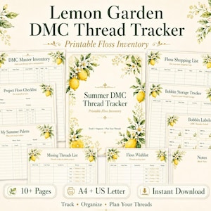 May include: A collection of printable DMC thread trackers with a lemon and floral design. The set includes various checklists, inventory sheets, and a floss shopping list. The text includes "Lemon Garden" and "Summer DMC Thread Tracker".