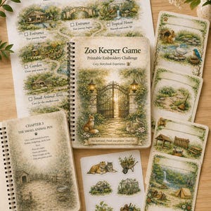 Könnte beinhalten: Eine Sammlung illustrierter Schreibwaren mit Zoo-Motiv. Enthält ein Spiralnotizbuch, Karten und Aufkleber. Das Notizbuchcover zeigt eine Torillustration und den Text "Zoo Keeper Game". Die Schreibwaren haben eine Vintage-Ästhetik.