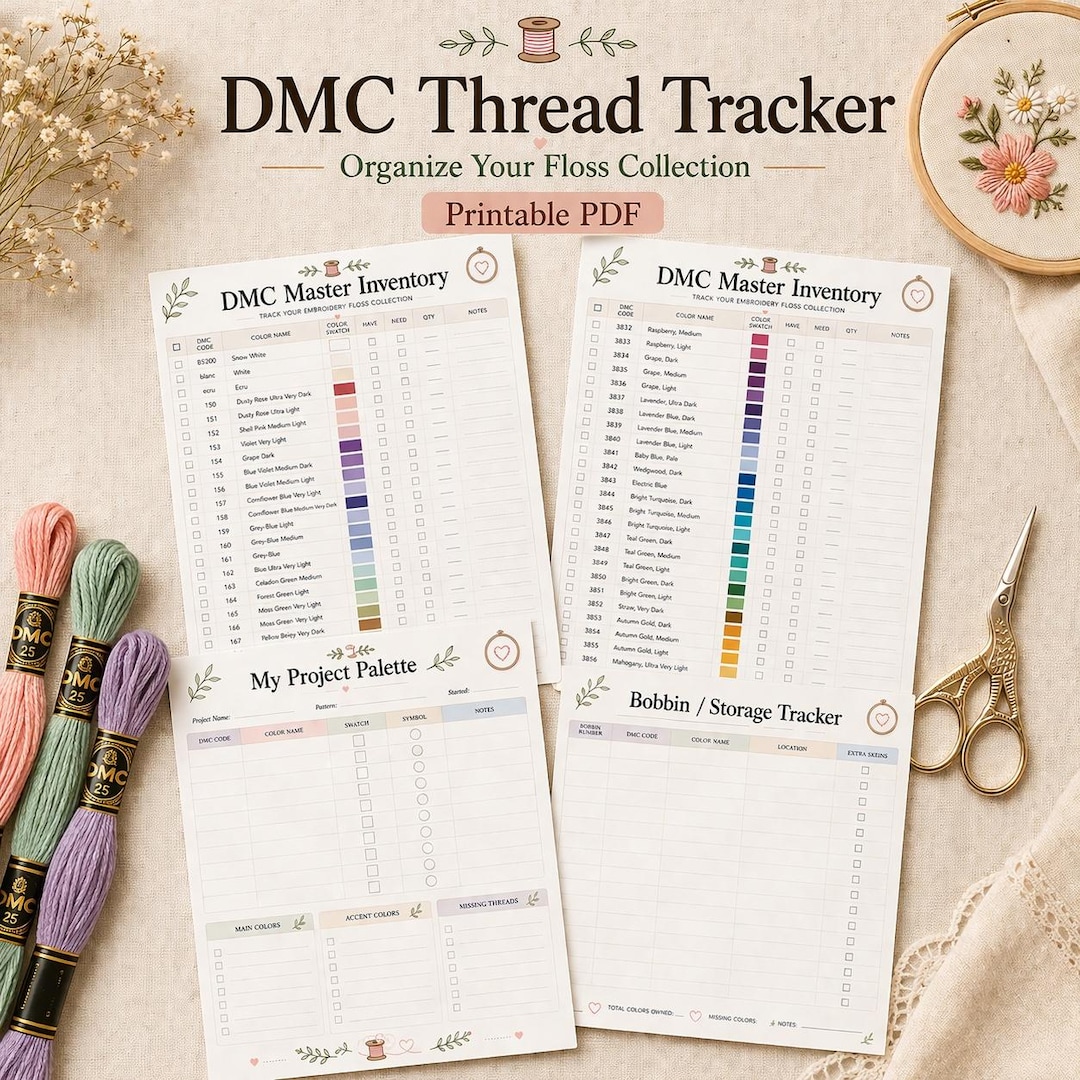 DMC Thread Tracker Bundle, Embroidery Planner, Cross Stitch Organizer (PDF Download) - Etsy