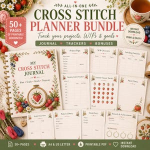 May include: A cross stitch planner bundle with a journal, trackers, and bonuses. The journal cover features a strawberry embroidery design. The bundle includes printable pages for project tracking, stitch notes, and more. The text on the cover says "My Cross Stitch Journal".