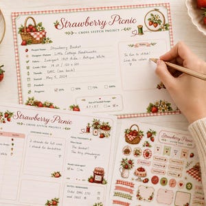Può includere: Un progetto a punto croce intitolato "Strawberry Picnic" con rocchetti di filo, fragole e una tazza da tè. Il progetto include un grafico, adesivi e un appunto scritto a mano. Le dimensioni del progetto sono 19 cm x 120 cm x 120 cm.