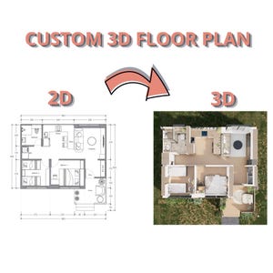 Könnte beinhalten: Eine Grafik mit dem Titel CUSTOM 3D FLOOR PLAN, die links einen 2D-Architekturplan und rechts einen entsprechenden 3D-Grundriss zeigt, verbunden durch einen geschwungenen Pfeil, der vom 2D-Diagramm zur 3D-Visualisierung zeigt.