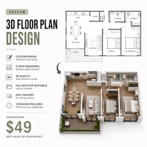 Custom 3D Floor Plan Design – Realistic Visualization, SketchUp File (Editable)