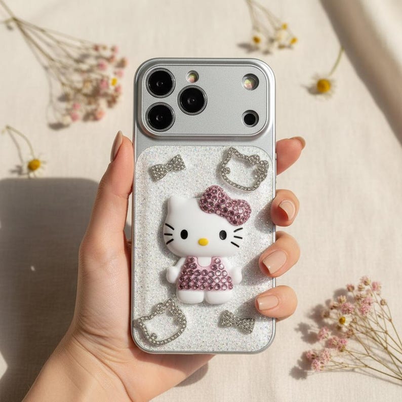 Puede incluir: Funda plateada para iPhone con dise&ntilde;o 3D de Hello Kitty. Presenta un lazo y vestido rosa, detalles de lazos y cabezas de Hello Kitty con pedrer&iacute;a y un fondo brillante.