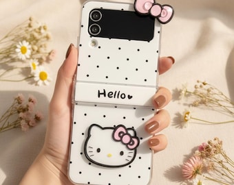 Cute Kitty Flip Phone Case, Bow Cartoon Cover with Lanyard, Samsung Galaxy Z Flip Case