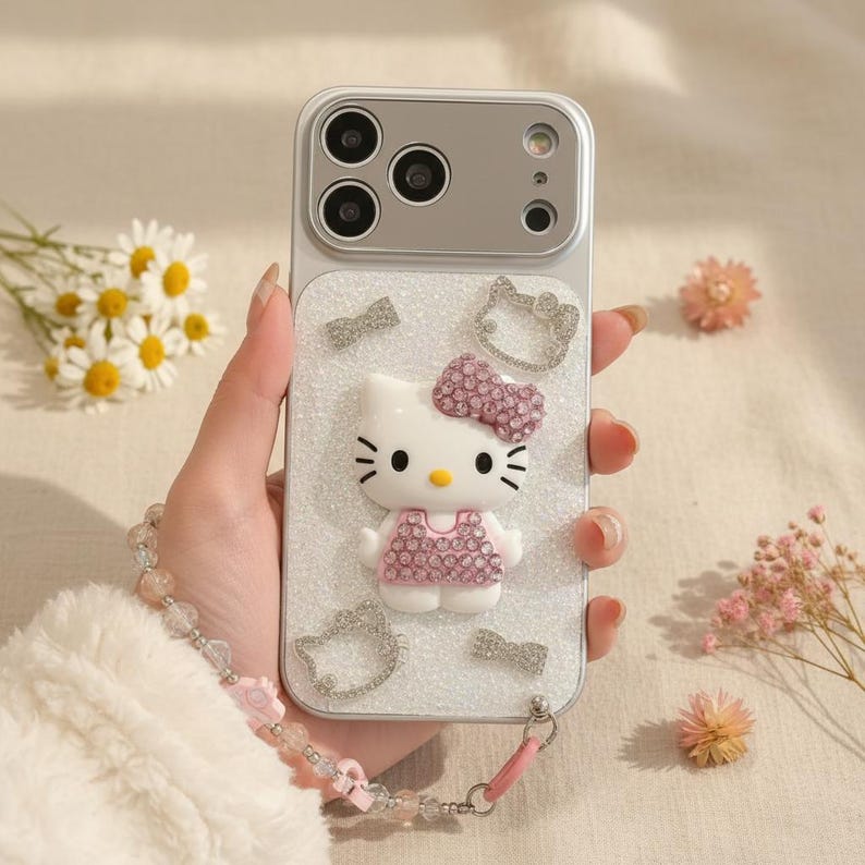 Puede incluir: Funda de tel&eacute;fono plateada con un dise&ntilde;o 3D de Hello Kitty, con un lazo y un vestido rosas, y adornos de pedrer&iacute;a. La funda tiene un fondo blanco brillante y una correa de mu&ntilde;eca rosa. La funda est&aacute; dise&ntilde;ada para un smartphone.