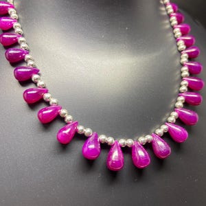 Natural Ruby Teardrop Bead Necklace, Ruby Drop Necklace 20 Inch, Handmade Gemstone Necklace, Sterling Silver Clasp, Pink Ruby Jewelry Gift f