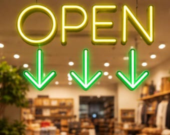 Vertical Neon Open Sign with Arrow, Directional LED Light Up Business Sign for Bar Cafe Restaurant