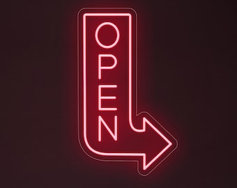 Vertical Outdoor Open Sign with Arrow, Waterproof Neon Business Sign, Exterior Patio Bar Entrance Display