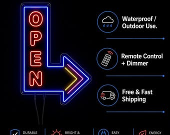 Outdoor LED Open Neon Sign with Arrow Business Storefront Lighting Directional Open Light