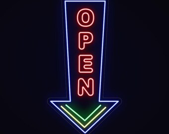 Big Vertical Arrow Neon Open Sign | Waterproof Outdoor LED Light for Bar, Restaurant & Business Decor