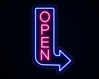 Double Sided OPEN Neon Sign with Arrow, Waterproof Blue Pink LED Light, Outdoor Bar Pub Entrance Display