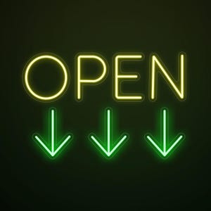 May include: Neon sign with the word "OPEN" in yellow, with three green downward-pointing arrows below. The sign is against a dark green background.