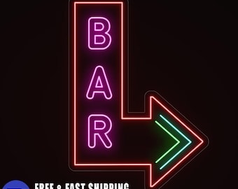 Vertical BAR Neon Sign with Large Arrow, LED Wall Light, Beer Shop Storefront Display
