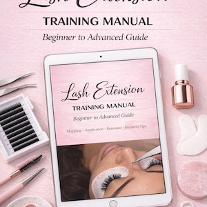 May include: A pink-themed image featuring a lash extension training manual and related tools. The manual on a tablet displays the title "Lash Extension TRAINING MANUAL Beginner to Advanced Guide". Tools include tweezers, brushes, adhesive, and eye pads. The text "Beginner Friendly" is also visible.